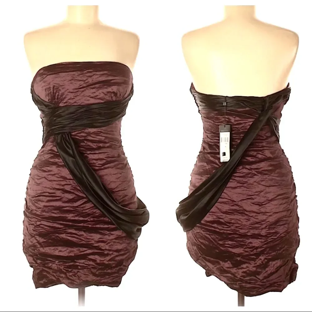 BCBGMAXAZRIA Plum Burgundy Strapless Ruched Cocktail Mini Dress | M 8–10